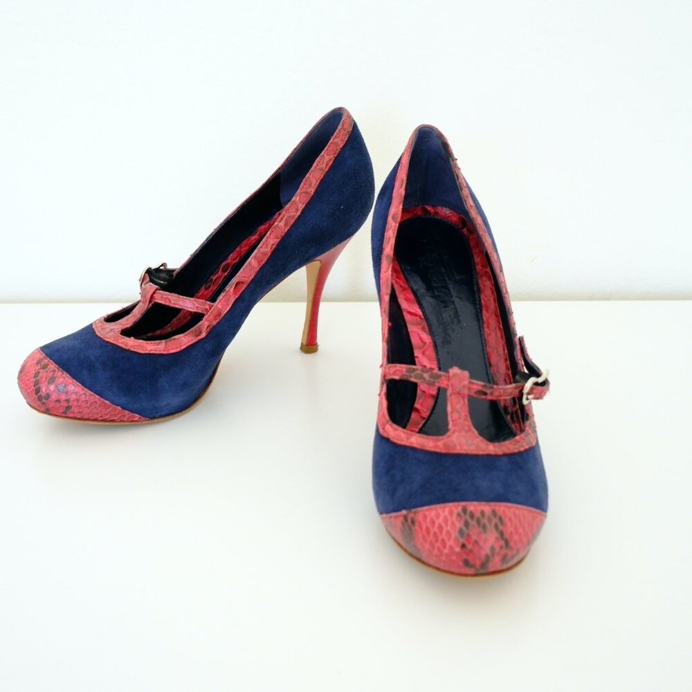 Alexander McQueen Suede & Croc-Embossed Leather Mary Jane Heels EU 37